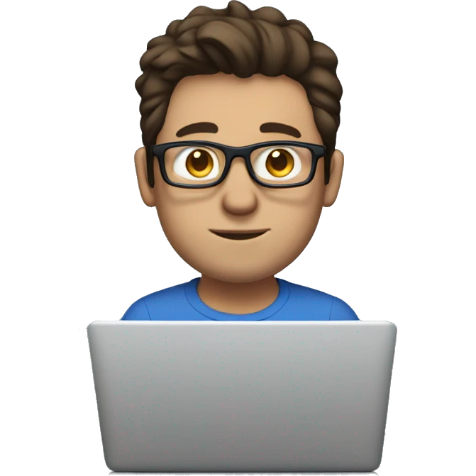 white guy with no beard dark brown hair brad pit style and square glasses typing in laptop wearing blue t-shirt emoji