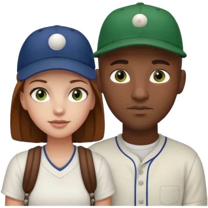 Black bald guy baseball cap  white girl brown hair green eyes emoji