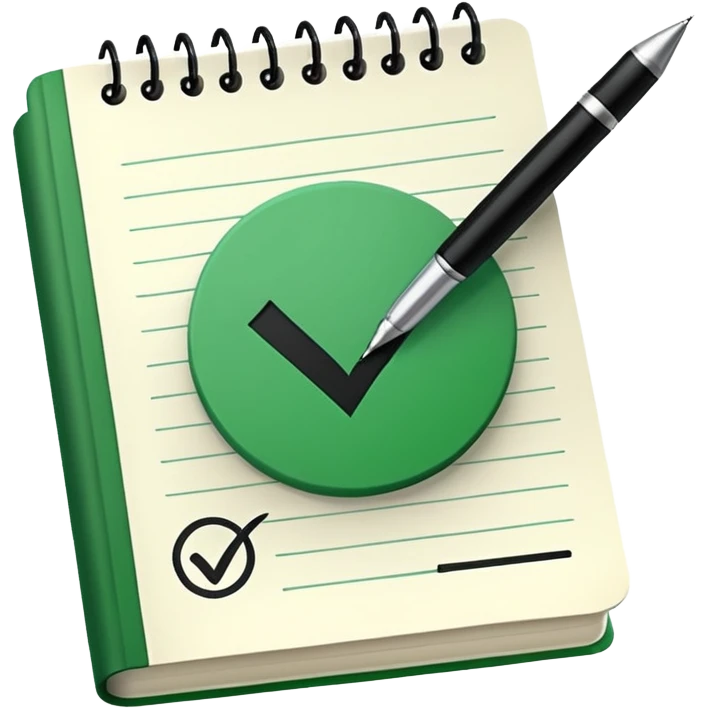 Notes book with pen and massive green tick emoji