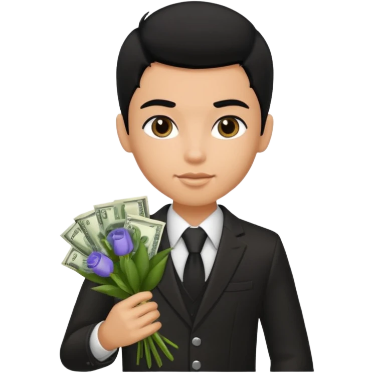 a pretty bratz boy with black hair, holding a bouquet made of money emoji
