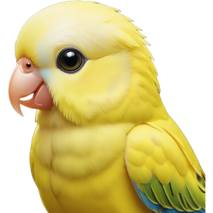 Cinematic Noble Yellow Budgie Portrait Emoji, Poised and regal, with a petite, delicate build and a smooth, well-groomed fur of brilliant yellow feathers, deep-set soulful dark eyes, Simplified yet sharp and sophisticated features, highly detailed, glowing with a soft, dignified glow, high shine, intelligent and charming, stylized with an air of elegance, focused and attentive, soft glowing outline, capturing the essence of a watchful and confident avian companion, so majestic it feels as though it could flutter out of the screen with effortless authority! emoji