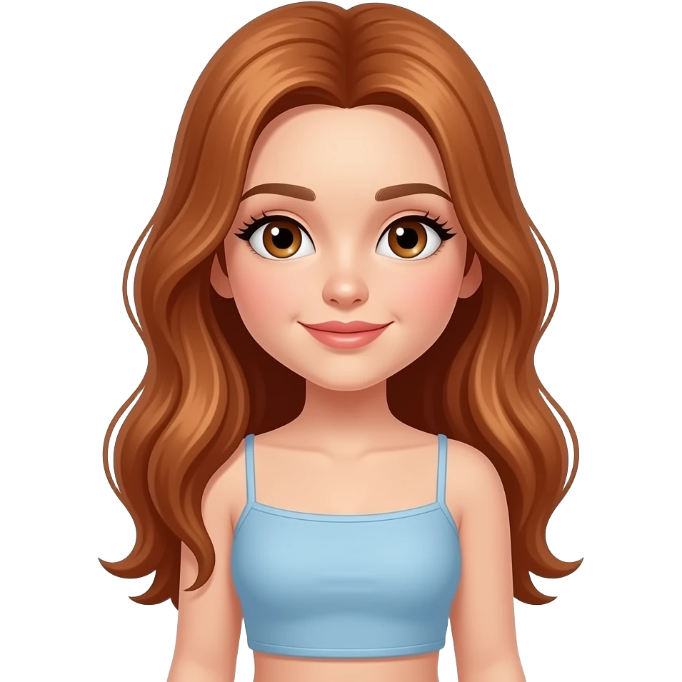 A young white girl, light brown long hair almost red, brown eyes with long eyelashes, clothes (cropped tube) emoji