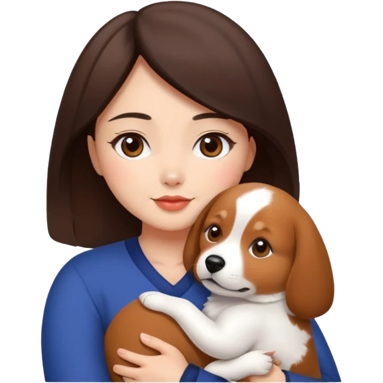a beautiful woman with medium length dark brown hair and brown eyes, a bit chubby, hugs a beagle and japanese spitz dog  emoji