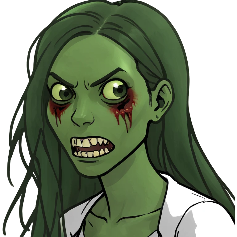 girl zombie with black long hair with teeth and serious face emoji
