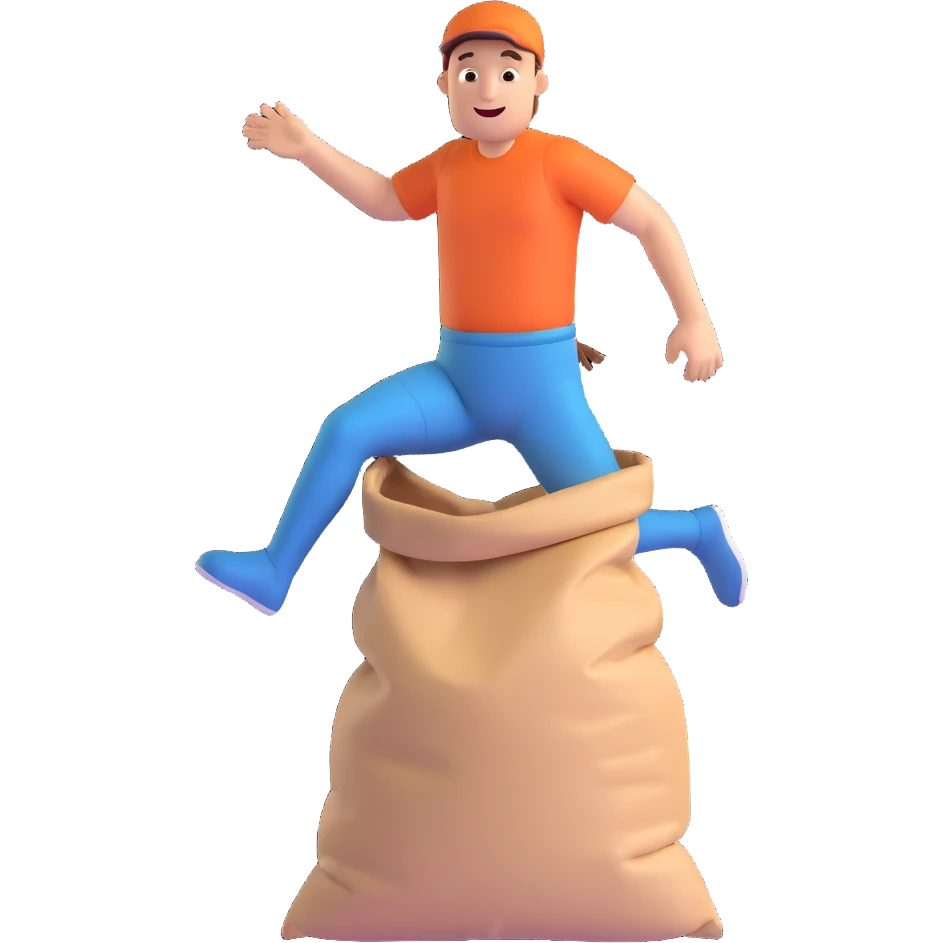 a man with both legs inside of a sack up to the waist, jumping, energetic, playful, 3D style emoji