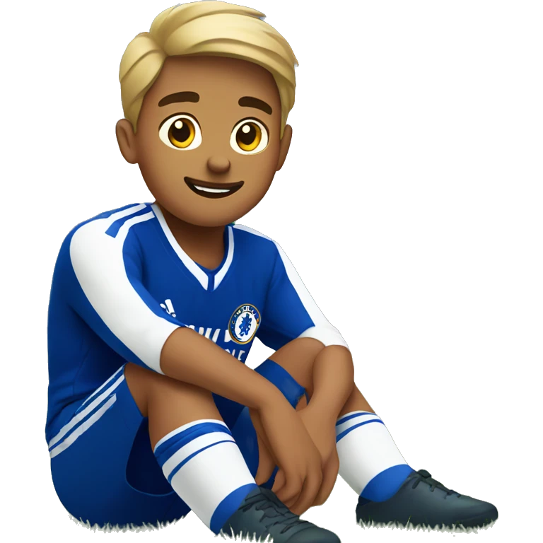 boy sitting on grass outdoors with Chelsea jersey emoji