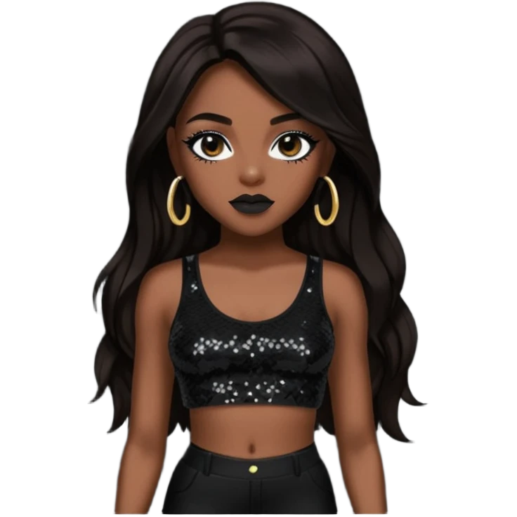 Aaliyah with black sequin crop top and pants, long dark brown hair emoji