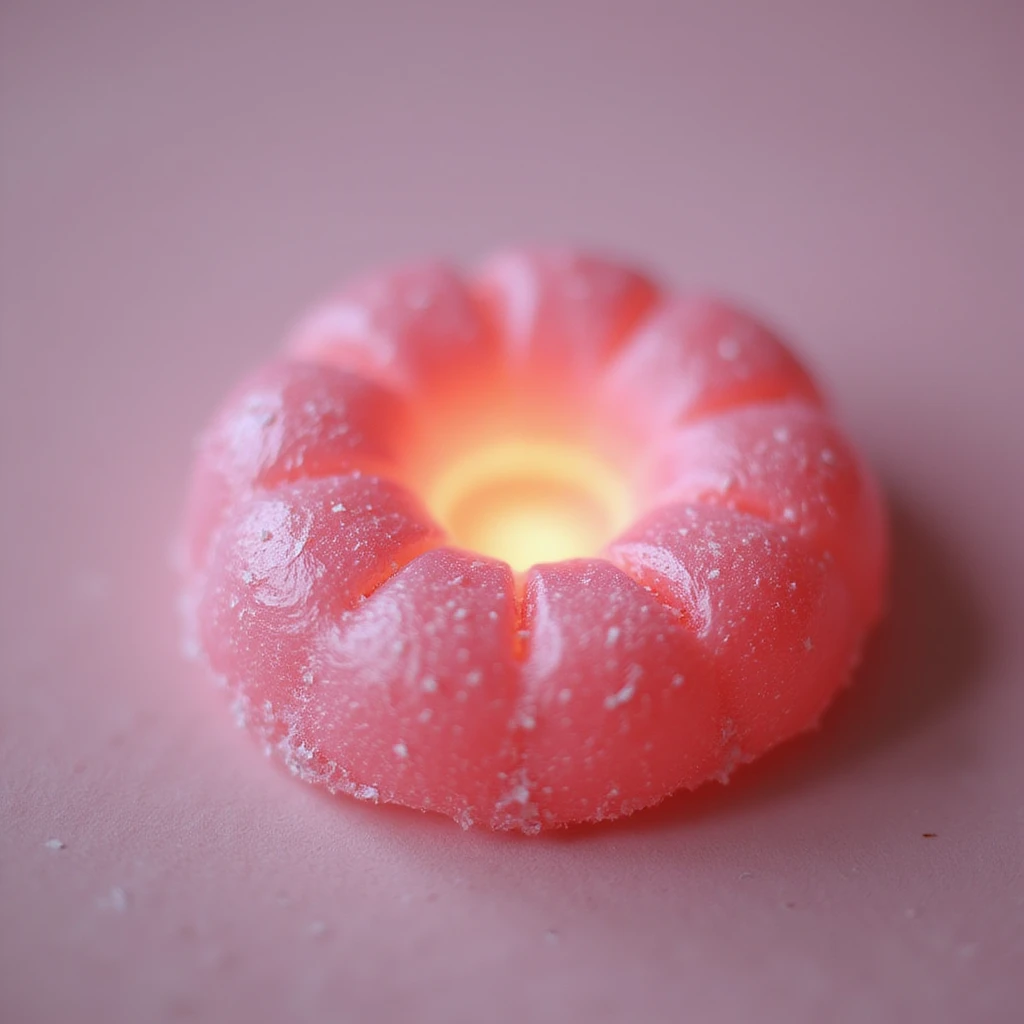 realistic pink candy with a glowing center, photorealistic style emoji