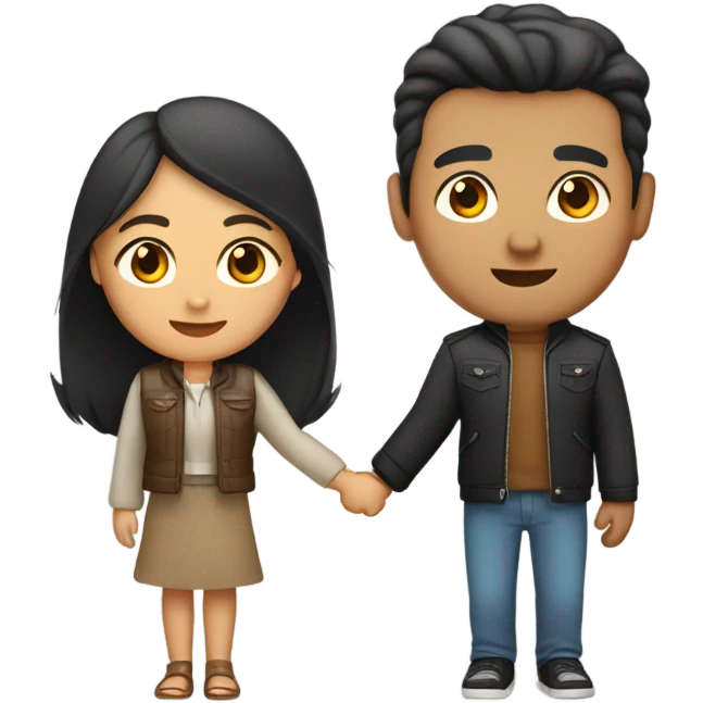 a couple holding hands. the guy has black middle part hair and is Persian and Filipino mix, wearing a jacket. the girl has brown medium length hair white and asian mix, wearing a crop top. emoji