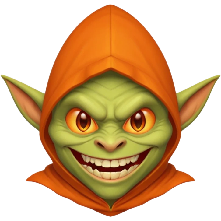 Hobgoblin-style goblin face emoji, orange hood, evil grin, sharp teeth, expressive Apple-style emoji emoji