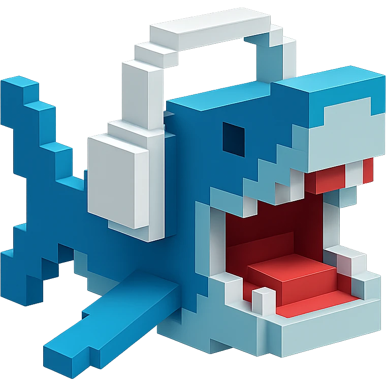 voxel style shark with white headphones, open mouth, blocky, blue and silver, no background emoji