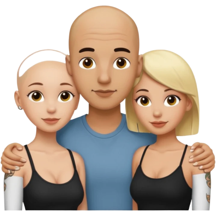 throuple tatted bald boyfriend with blonde girl friend and brunette girlfriend emoji