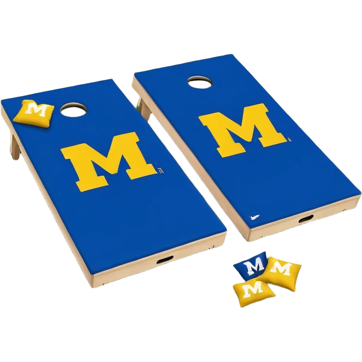 Cornhole board blue and yellow with Michigan “M” With a yellow cornhole bag emoji