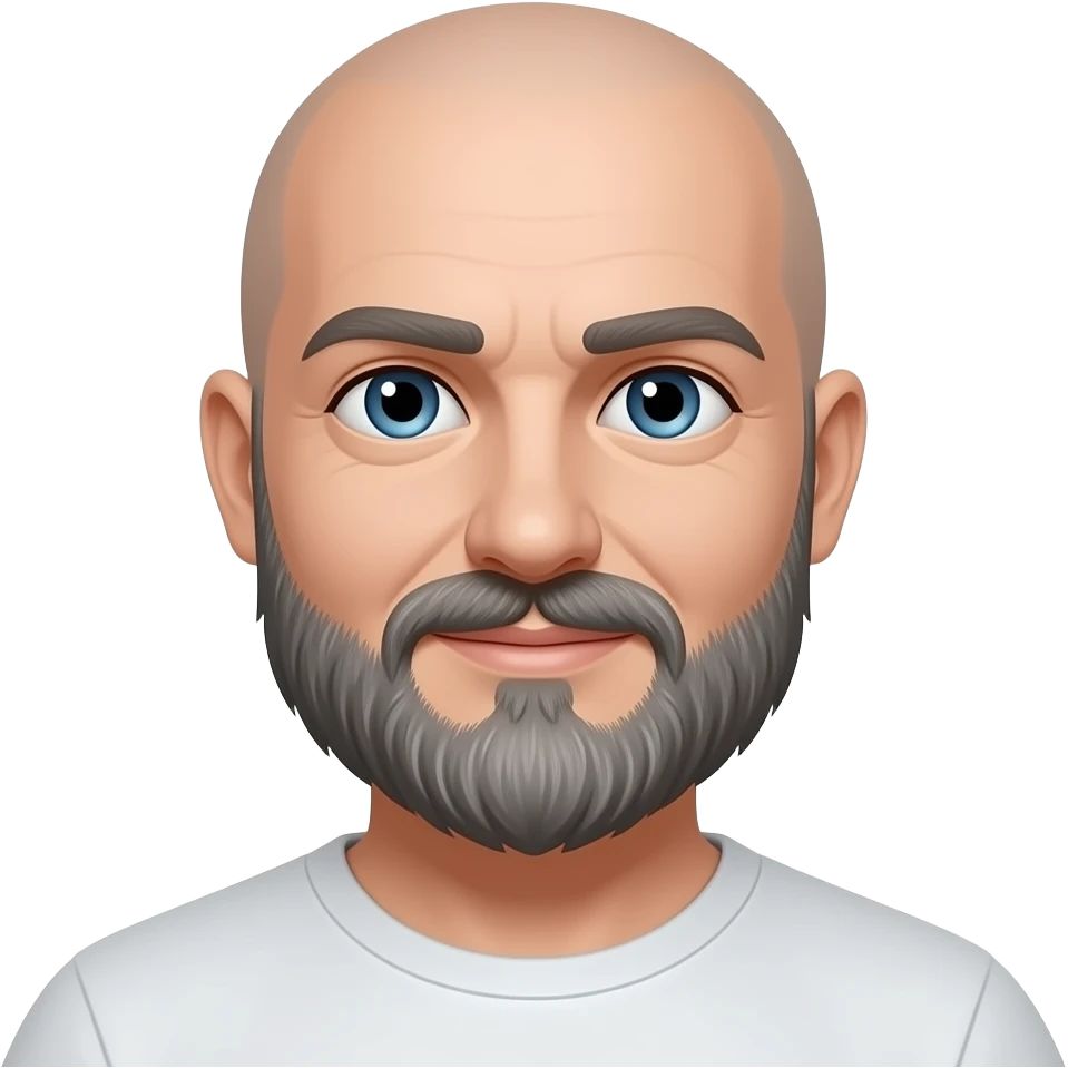more grey in the beard. blue eyes. bald head. no hair on head emoji