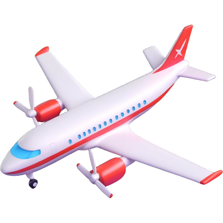 Make an airplane emoji that looks exactly like the reference image, ignoring the crocodile. Style it in iOS emoji style with 3D, shiny, smooth gradients, soft shadows, realistic airplane shape, classic emoji look, and add a subtle highlight to the airplane body. emoji