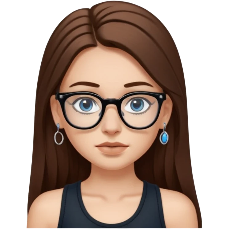 White girl with long brown hair, part going more to the RIGHT side, BLUE eyes, wearing BLACK rectangle plastic frame glasses. SEPTUM nose piercing hoop (at bottom of nose) AND stud nose piercing on right side of nose. Wearing BLACK tank top. No other jewelry emoji