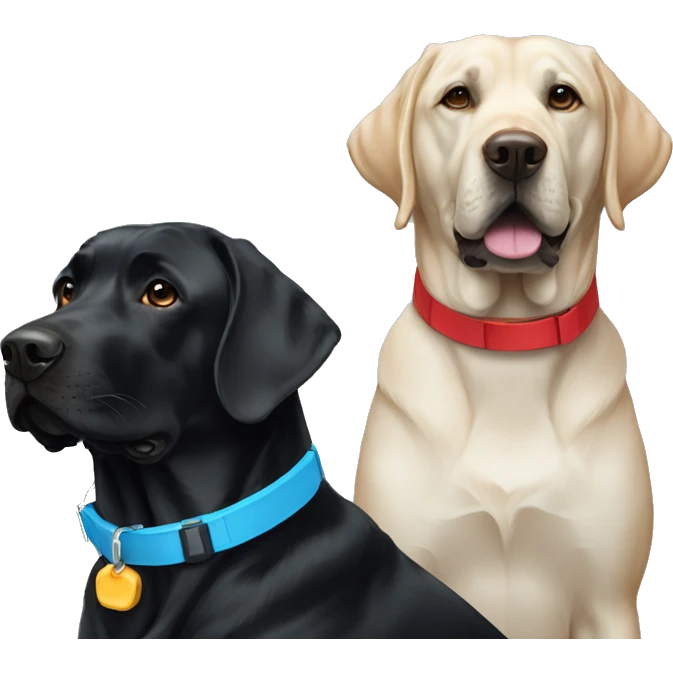 2 black labradors, one with a light blue collar, one with red collar. emoji
