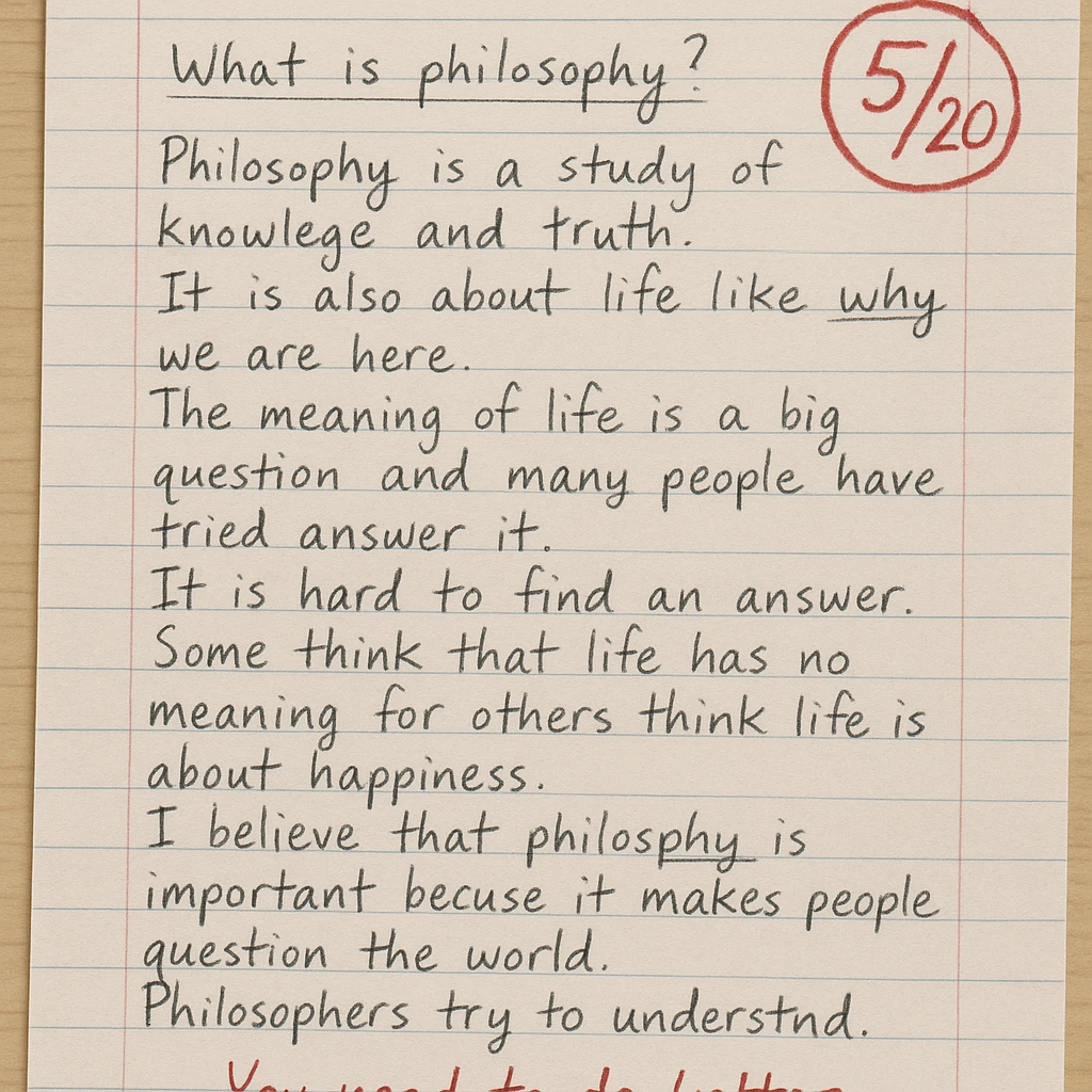 handwritten philosophy essay, high school, lined paper, messy handwriting, grade 5/20 circled in red, teacher's comment in red, visible corrections emoji
