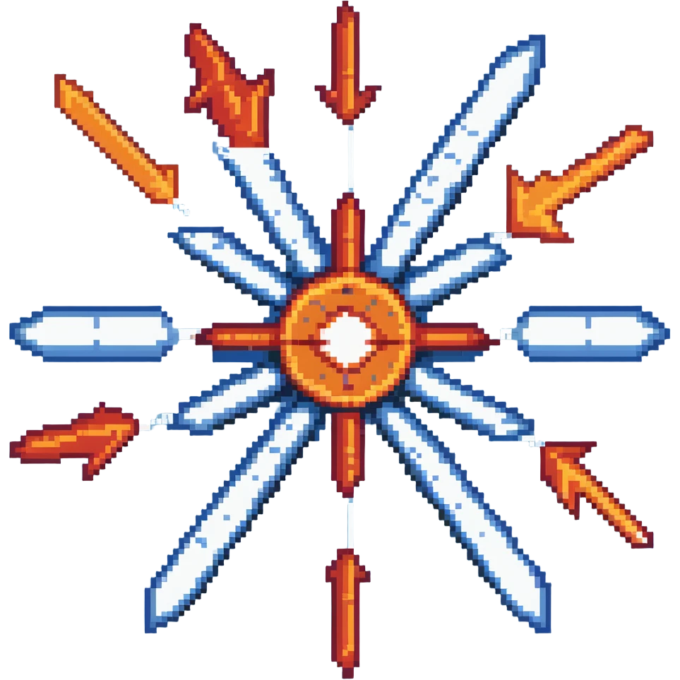 Bomb range power-up sprite, 64x64 pixels, explosion with red and orange arrows extending outward in four directions, target/bullseye design, vibrant red/orange color palette, clean pixel edges, recognizable icon that represents increased blast radius emoji