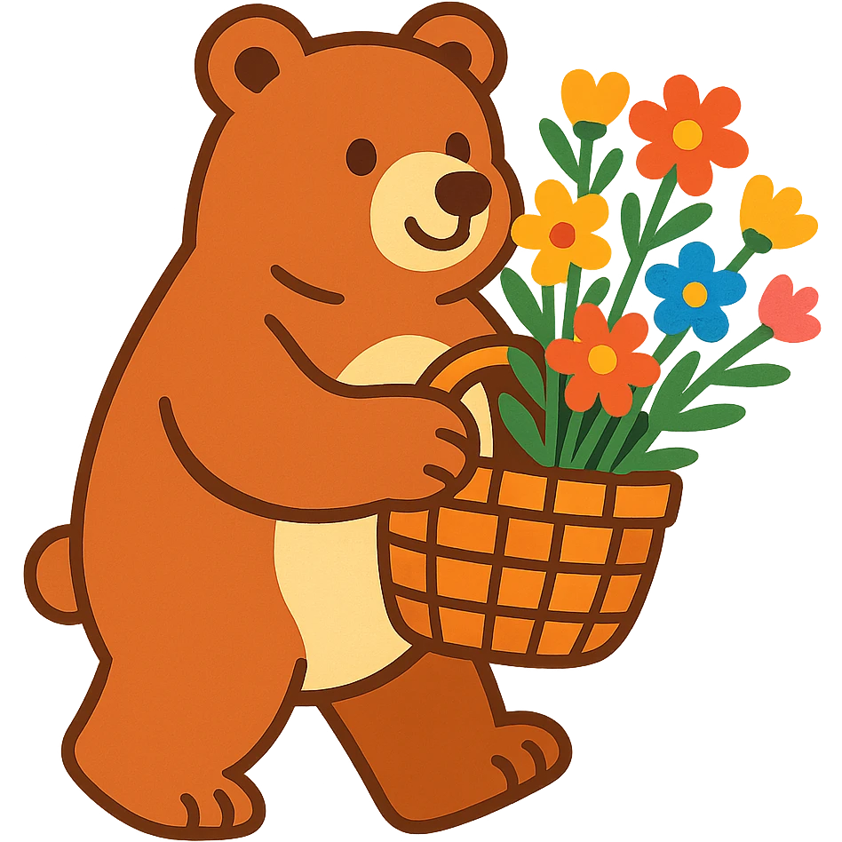 bear carrying a basket of wildflowers, soft pastel brown and cream, vibrant toon style emoji