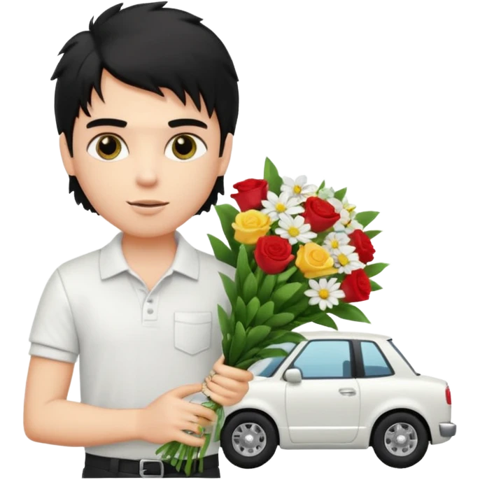 generate a pretty fair bratz boy with a messy mullet (black hair), wearing a white polo.  carrying a bouquet made of money. expensive car behind him emoji