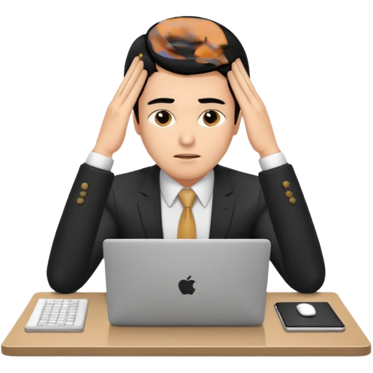 A man in corporate attire sitting at a desk, having fatigue hands on head while working on a laptop emoji