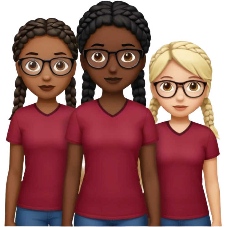 I want one black with braids black hair , one white girl with black hair and gelasses et one girl with blond/brown hair with glasses too with a burgundy red shirt  emoji