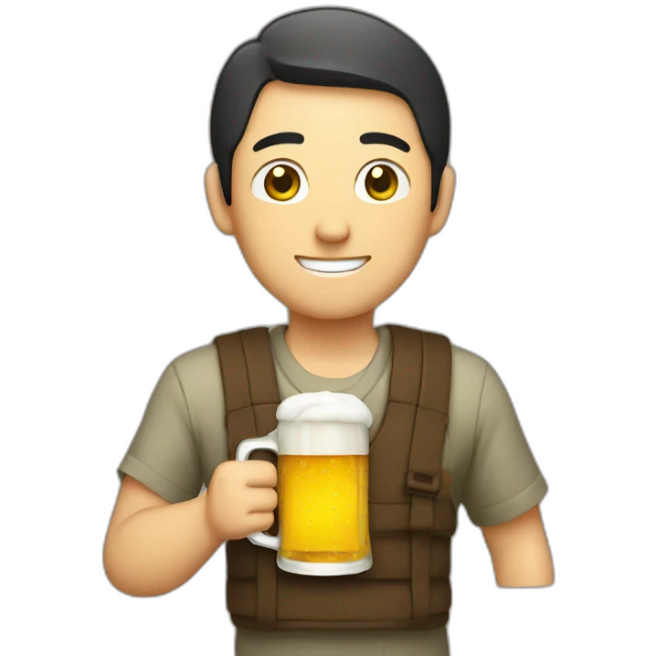 A Japanese man holding beer wearing emoji