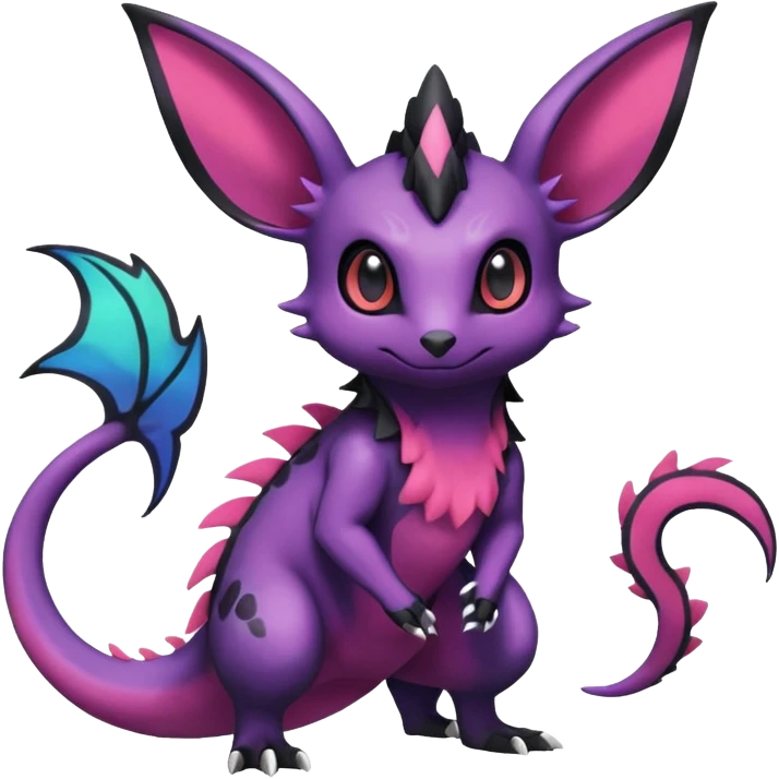 Rare exotic cute epic aesthetic Salandit-Eevee-Noibat-species-Fakemon-hybrid-creature, with markings, full body emoji