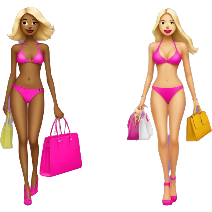 two women in bikinis with 6 inch hot pink heels and birkin bags emoji