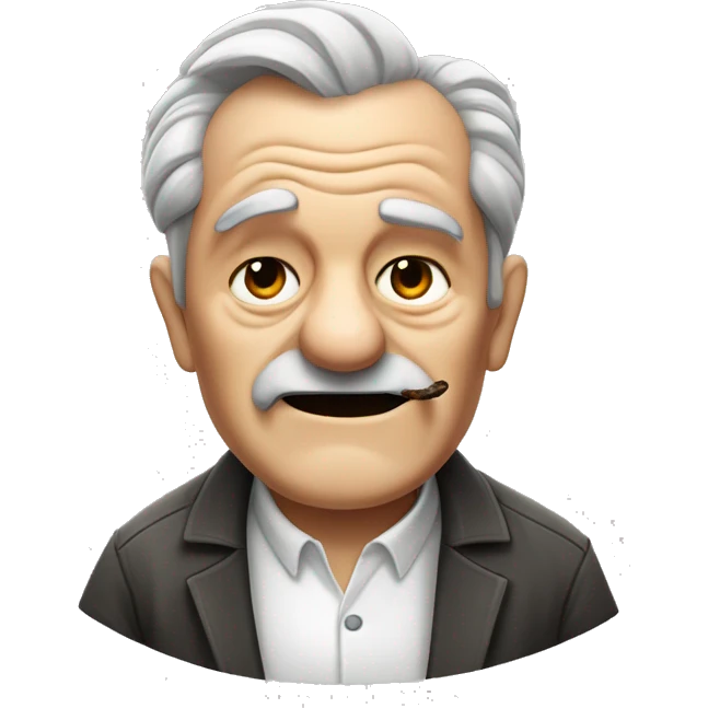 old man with a parted pompadour, bushy eyebrows, toothless mouth and closed eyes wearing a white shirt with gray stripes while smoking a cigar emoji