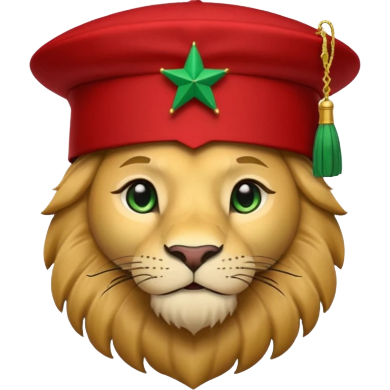 Cute lion emoji face wearing a Red Moroccan fez hat with a flat top, straight sides, a green five-pointed star on the front, and a thin black tassel hanging from the right side. emoji