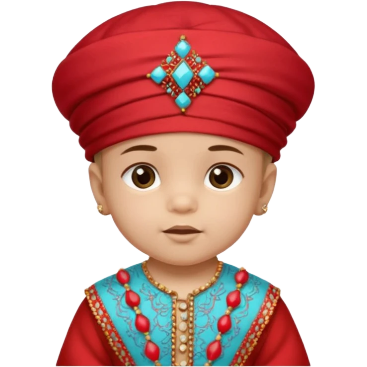  baby boy dressed in colorful ghalibiya with delicate decorations with a red Moracain hat emoji