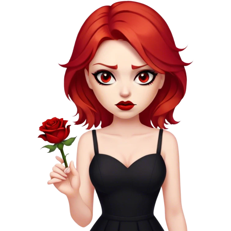 a beautiful very angry woman with red hair and red eyes. The woman wear a black little cutted dress. She have red lipstick and she have a seductive look. She have a rose flower in her hair emoji