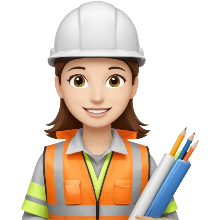 Arquitecta ojos marrones oscuros pestañas pelo marron por los hombros sonrie casco blanco con material de dibujo y chaleco reflecyante emoji