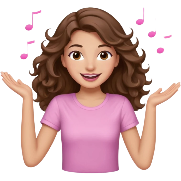 girl with wavy long brown hair, brown eyes, light to medium complexion, long lashes, light pink lipstick, smiling, wearing light pink shirt, dancing emoji