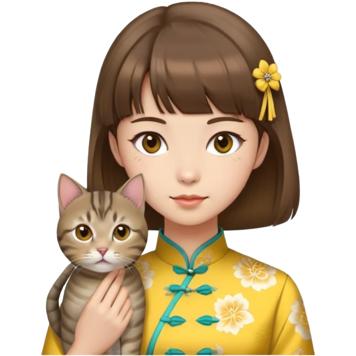 girl with brown hair and bangs wearing yellow qipao with gray tabby cat emoji