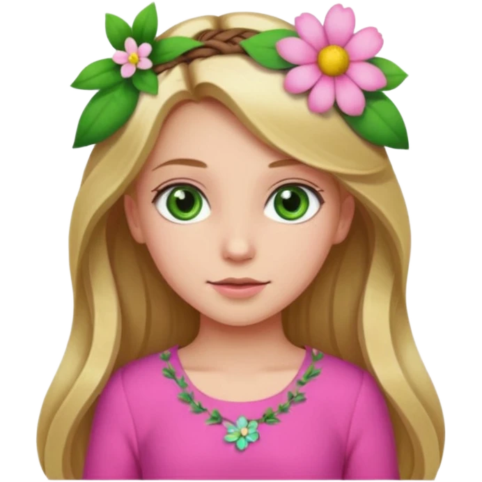 Girl profile picture with long browne and blonde hair and green eyes and a flower in her hair. and a pink outfit emoji