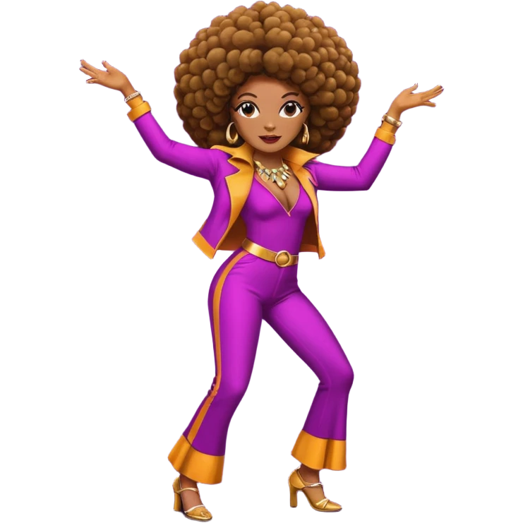 female African American character in 1970s disco style, vibrant outfit, afro hairstyle, dancing pose emoji