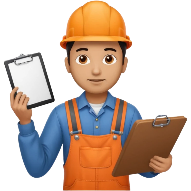 Indian male railway engineer orange overalls, boots holding a clipboard back of head emoji