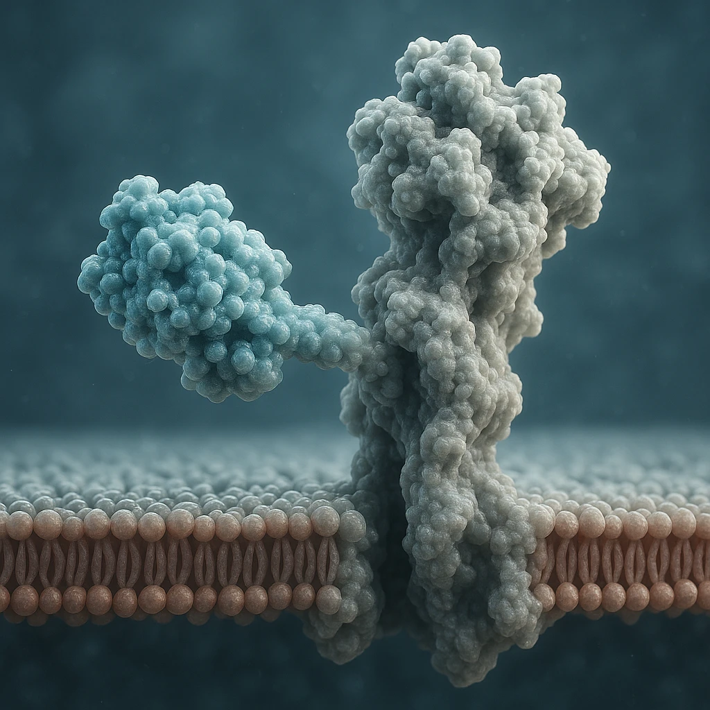 insulin interacting with a receptor on the cell membrane, hyper realistic 4K style, molecular details, scientific atmosphere emoji