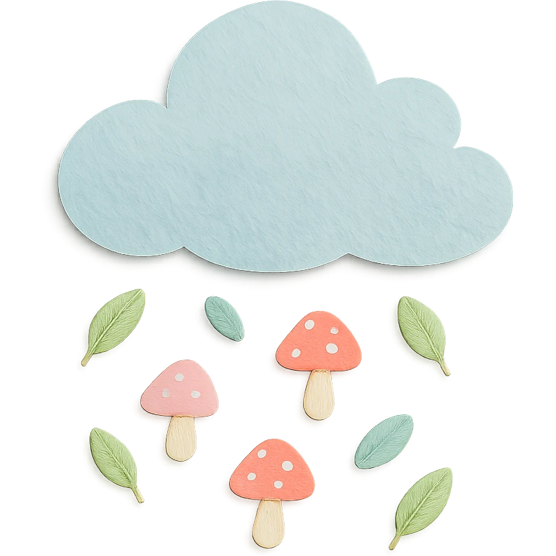 whimsical cloud raining tiny leaves and mushrooms, soft pastel colors emoji