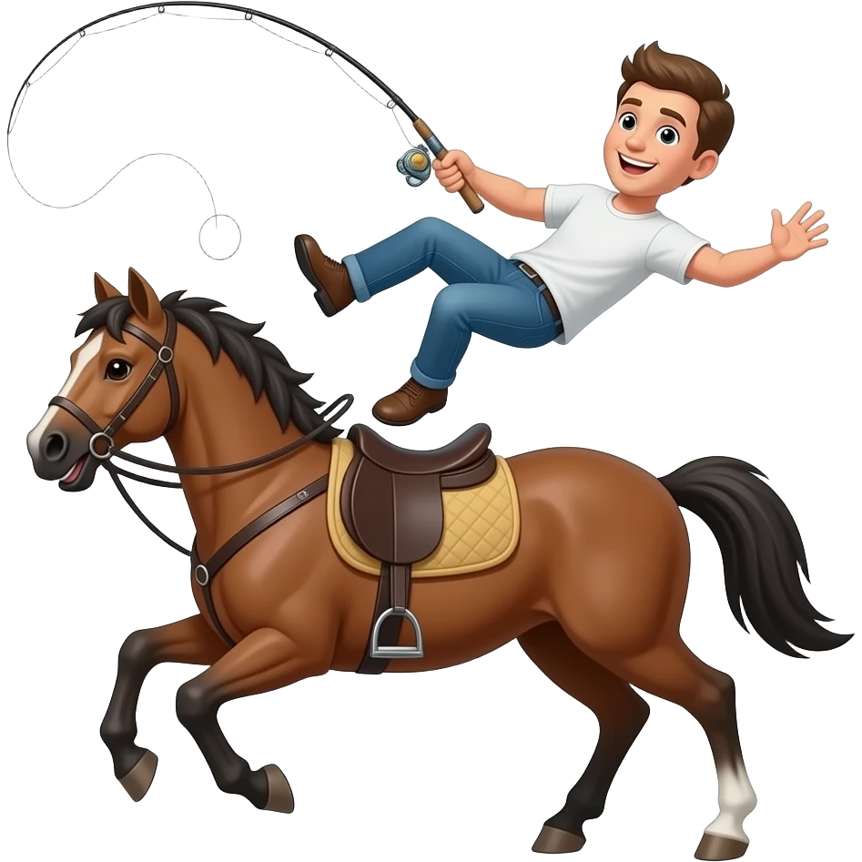 a guy falling off a horse with a fishing rod in his hand emoji