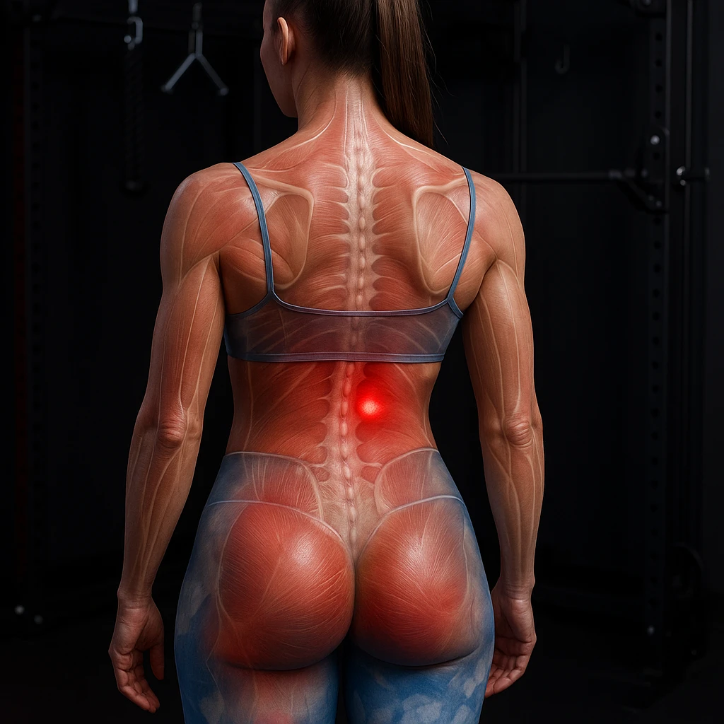 Anatomical hyperrealistic 4K image of a woman seen from the back as in the reference, highlighting a muscle contracture as a clearly visible knot on the left side of the back at the lumbar or dorsal muscles (not on the shoulders), with translucent muscles and skin to show the contracture, red halo or swollen area, gym environment. emoji