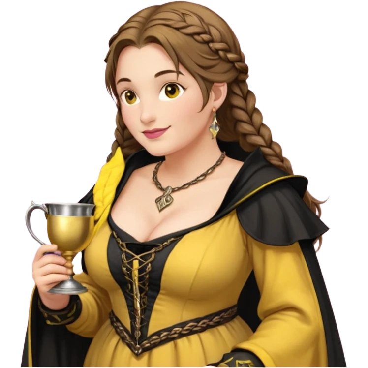 Helga Hufflepuff, half-turned in profile,brown-haired,2 braids,yellow-black medieval open dress,deep neckline,fat macromastia,black cloak decorated with gold braiding,gold cup with two handles,very kind smile,very busty curvy sweet woman,pink glossy lips,full length with medieval shoes yo emoji