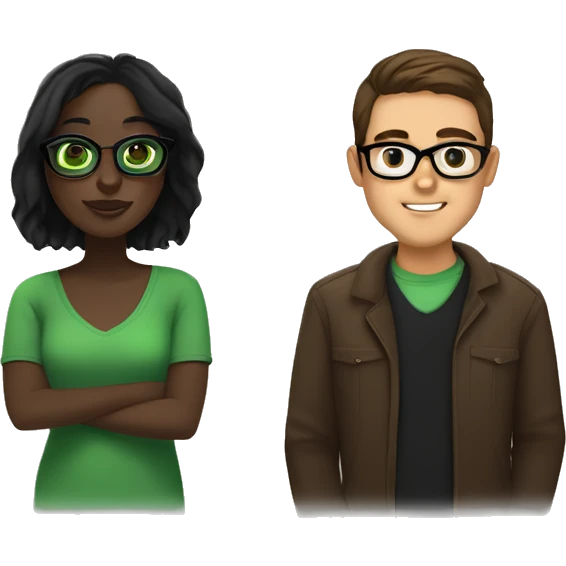 Black girl with medium mocha skin and cute big gold wireframe glasses and shoulder length straight dark brown hair with a white guy with black hair and green eyes who looks like nev from catfish with big glasses emoji