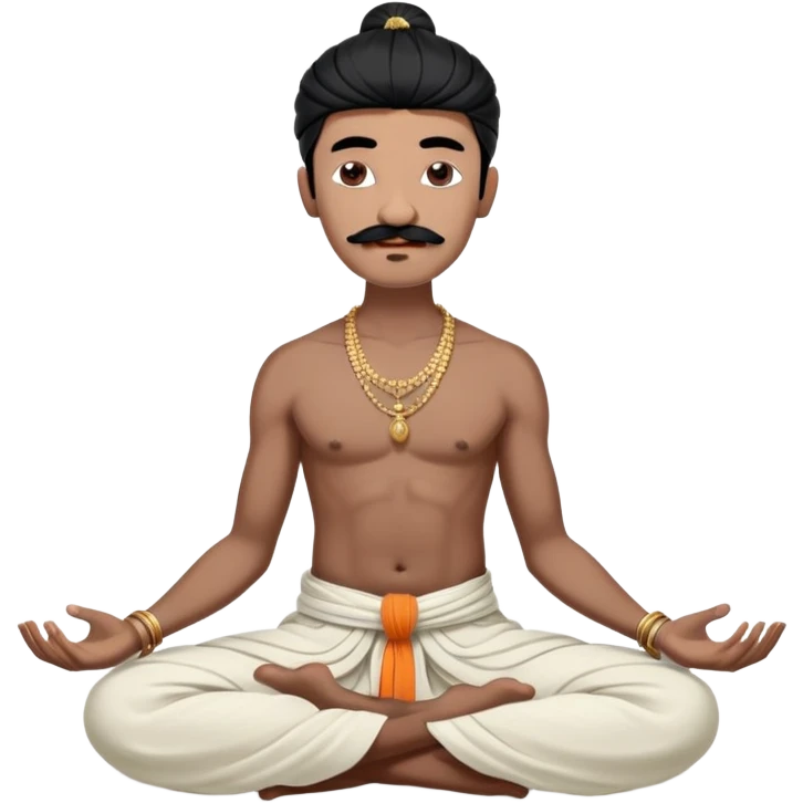 Black hair cossack with bold head, very long black mustache, lock of black hair sprouting from the top of the shaven head, without any jewelry, meditating bare torso with closed eyes in lotus pose in long traditional indian dhoti covering the legs emoji
