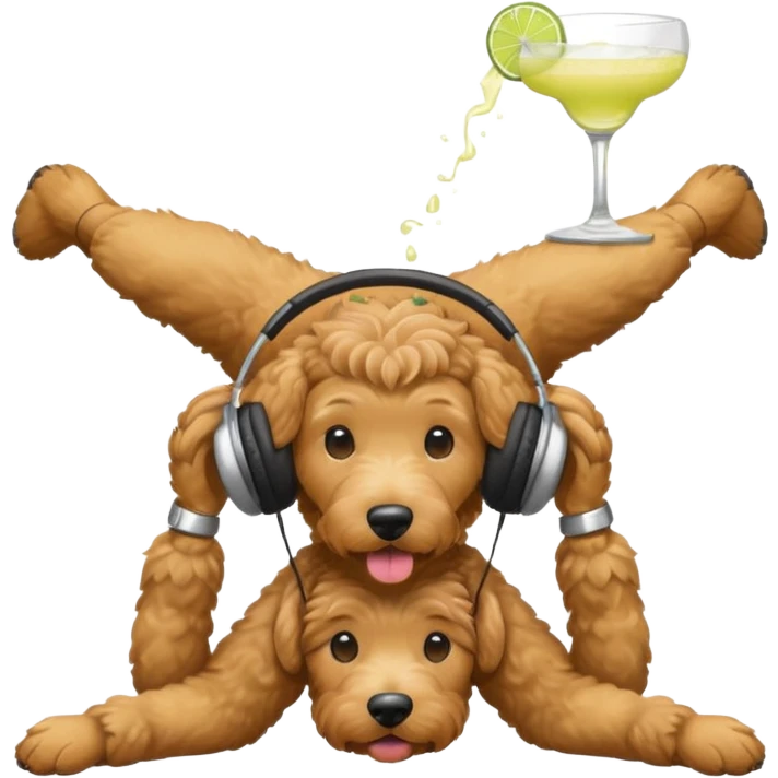 light brown golden doodle doing a headstand with headphones and drinking a margarita  emoji