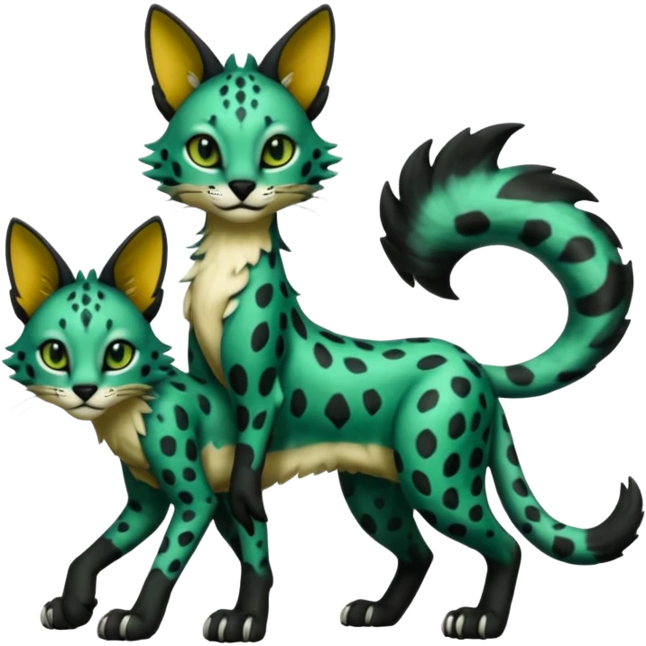 Epic complex detailed dark-deep-green, black, realistic Fakémon-Sprigatito-Floragato-Meowscarada-Trico-Sergal-Serval-Vernid-creature (full body) emoji