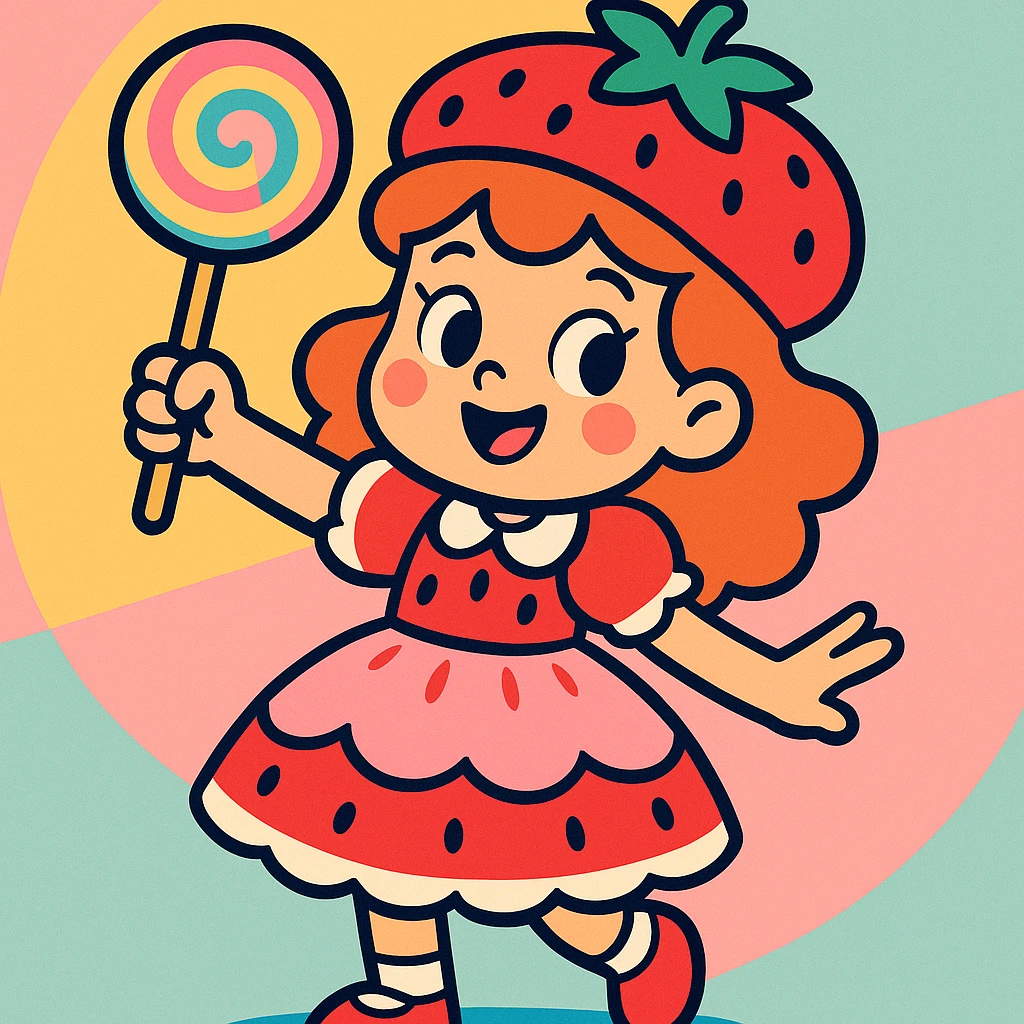 little girl in a strawberry shortcake dress, holding a candy wand, pastel background, vibrant toon style emoji